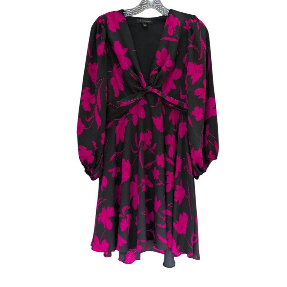 Banana Republic Petite 4 Black Magenta Floral Puff Long Sleeve Mini Dress